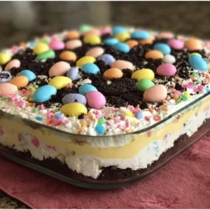 Easter Dirt Cake Casserole with chocolate and gummy worms decoration