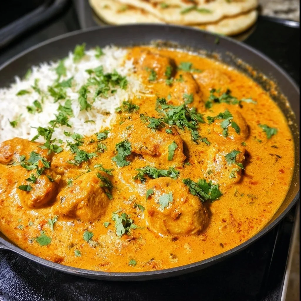 Quick stovetop butter chicken recipe in a bowl with rice.