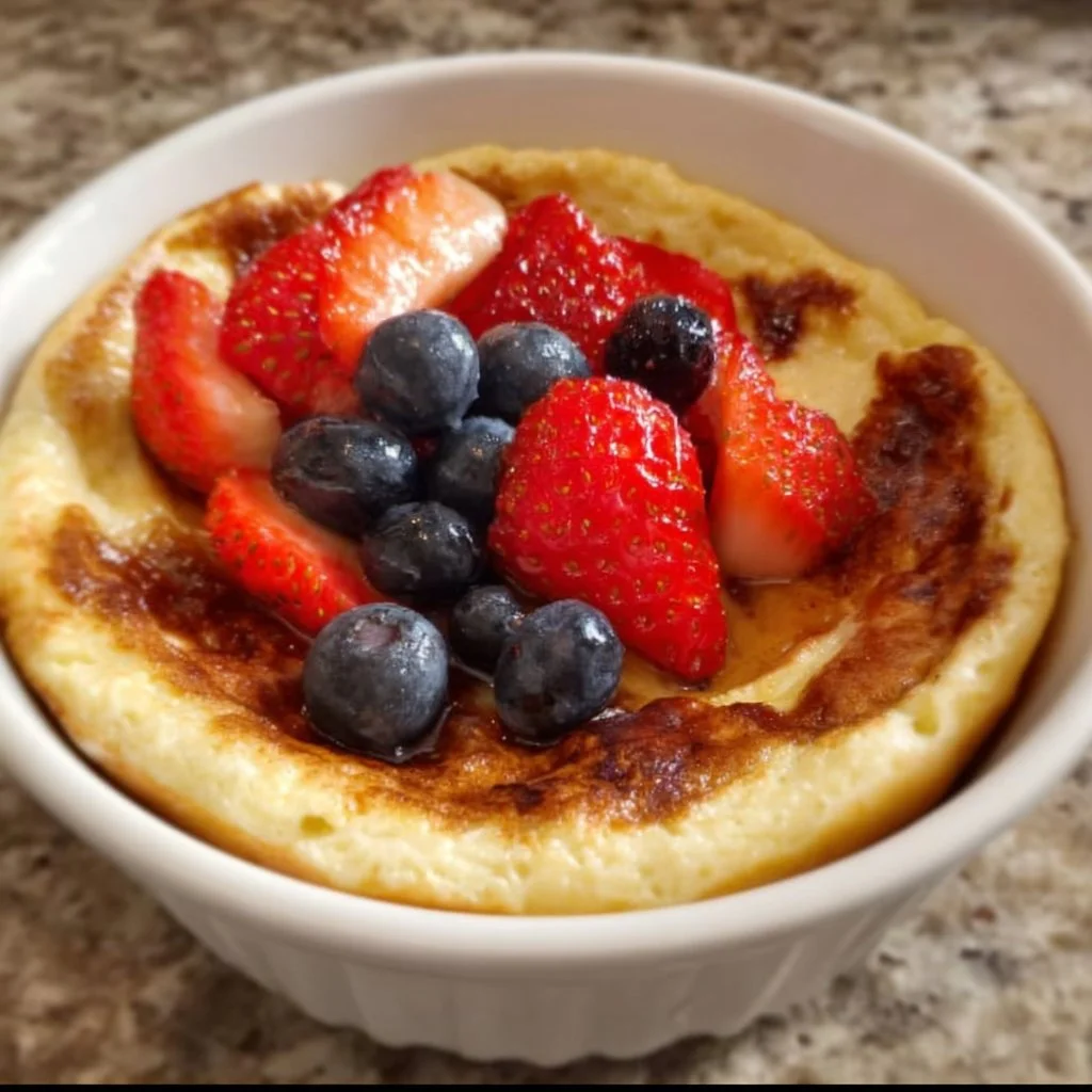 Delicious baked protein pancake bowl topped with fresh fruits and nuts