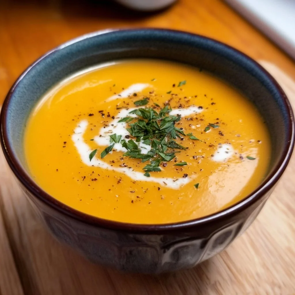 Bowl of creamy butternut squash and sweet potato soup garnished with herbs