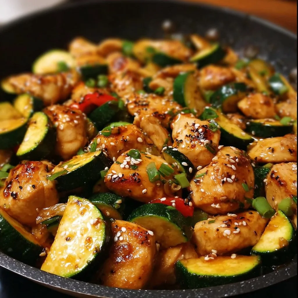 Easy chicken zucchini stir-fry served in a bowl with colorful vegetables.