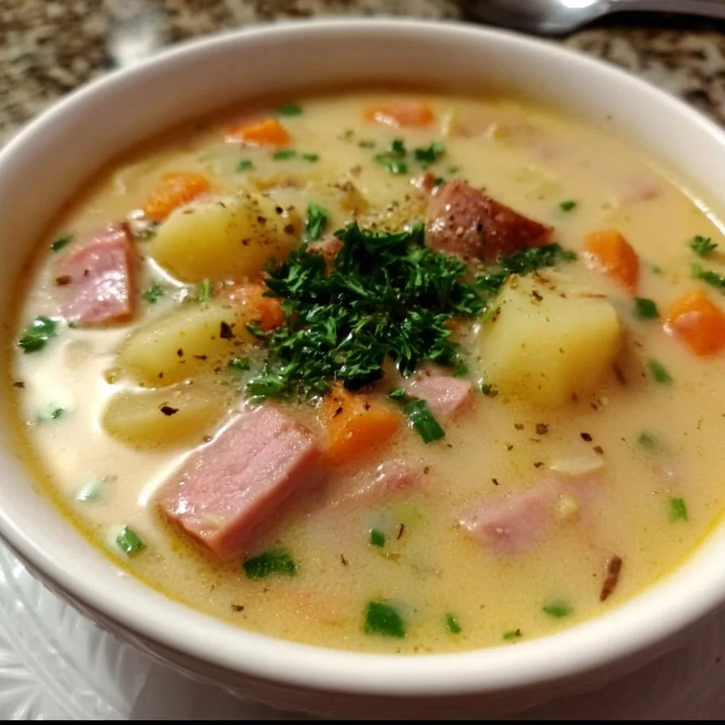 Bowl of easy Crockpot Ham & Potato Soup with fresh herbs on top