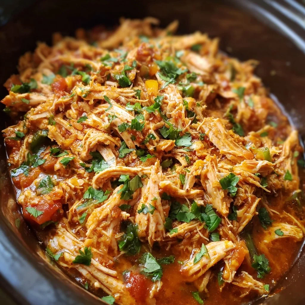Bowl of easy crockpot Mexican shredded chicken served with tacos