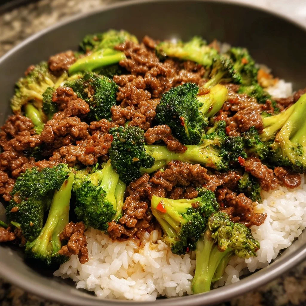 Delicious ground beef and broccoli stir-fry served in a bowl