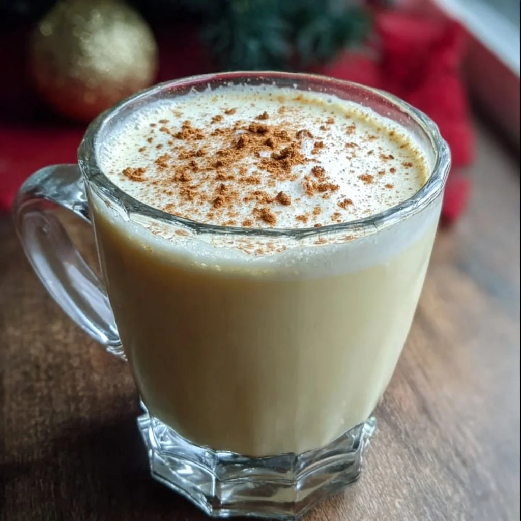 A glass of homemade eggnog garnished with nutmeg and cinnamon stick