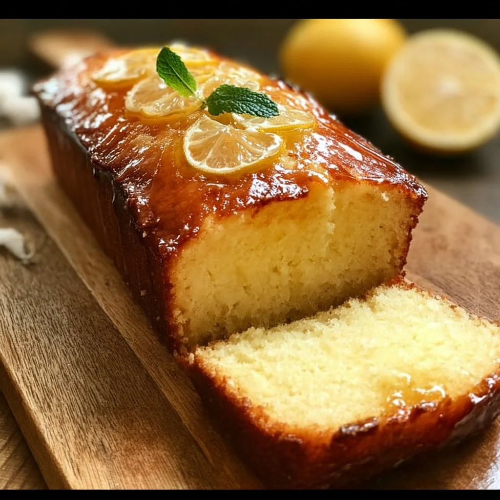 Easy lemon loaf cake freshly baked with a lemon glaze