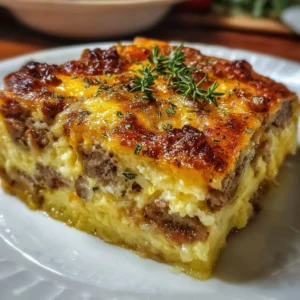 Delicious pancake sausage breakfast casserole served on a plate.