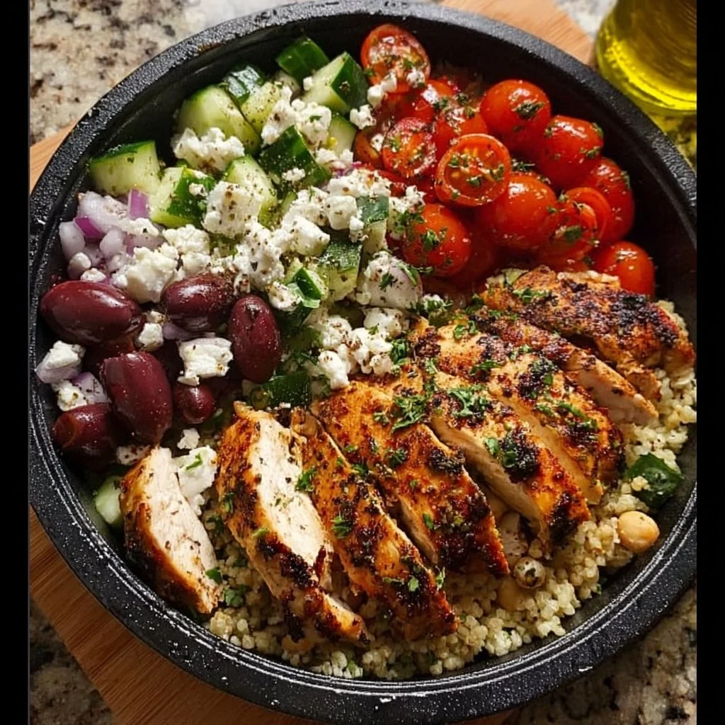 Delicious easy Mediterranean Chicken Bowl for meal prep featuring vibrant veggies and grilled chicken.
