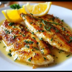 Plate of easy pan-fried tilapia with lemon butter sauce garnished with herbs