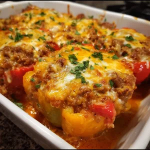 Delicious easy stuffed pepper casserole served on a white plate