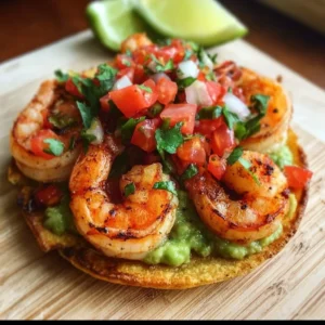 Easy summer shrimp tostadas garnished with guacamole and fresh salsa