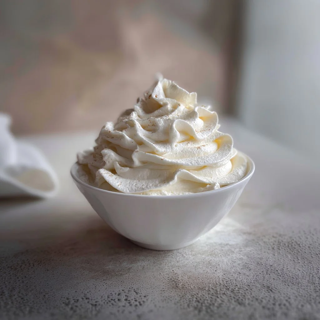 Homemade easy vanilla whipped cream in a bowl with fresh strawberries
