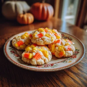 Festive peanut butter candy corn cookies on a autumn-themed plate