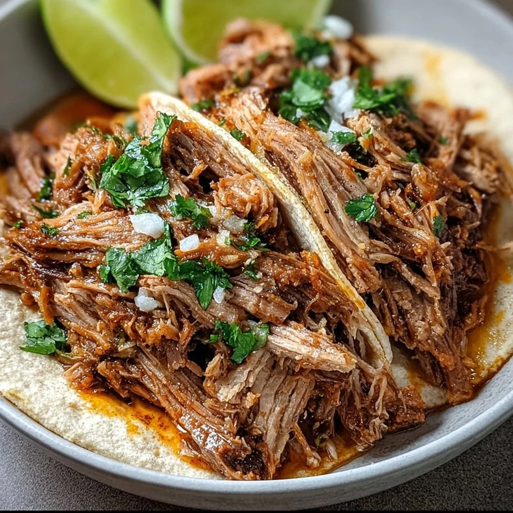 Tender Mexican carnitas made in a crockpot, served with fresh toppings