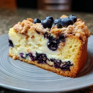 Fluffy blueberry cream cheese coffee cake slice on a plate