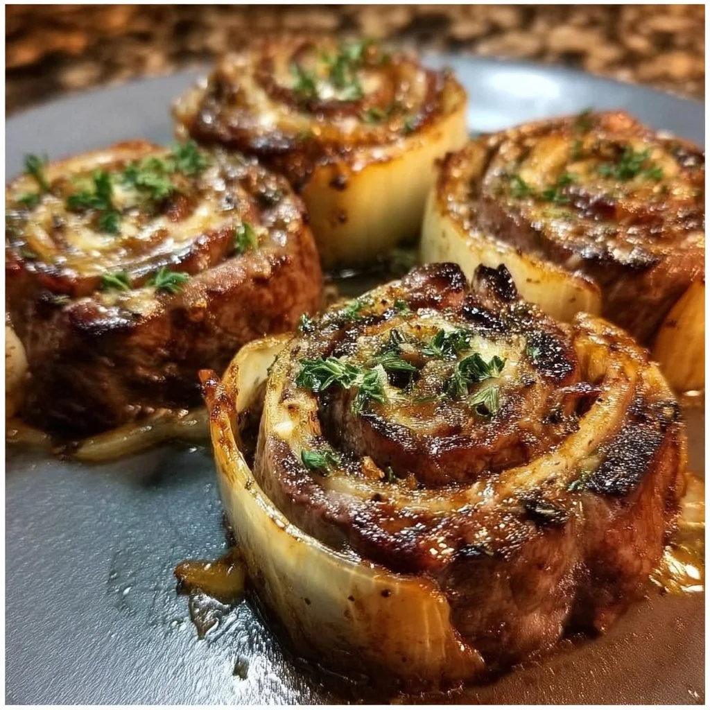 Delicious French Onion Steak Pinwheels garnished and ready to serve.