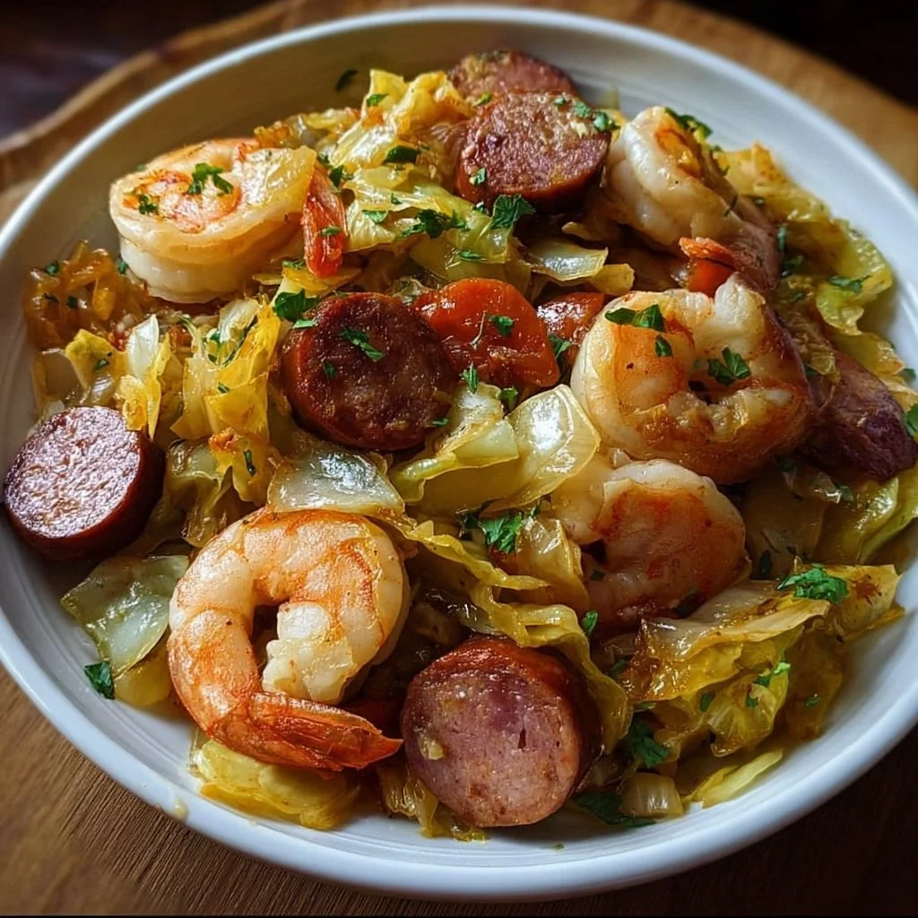Delicious fried cabbage cooked with shrimp and sausage served on a plate.