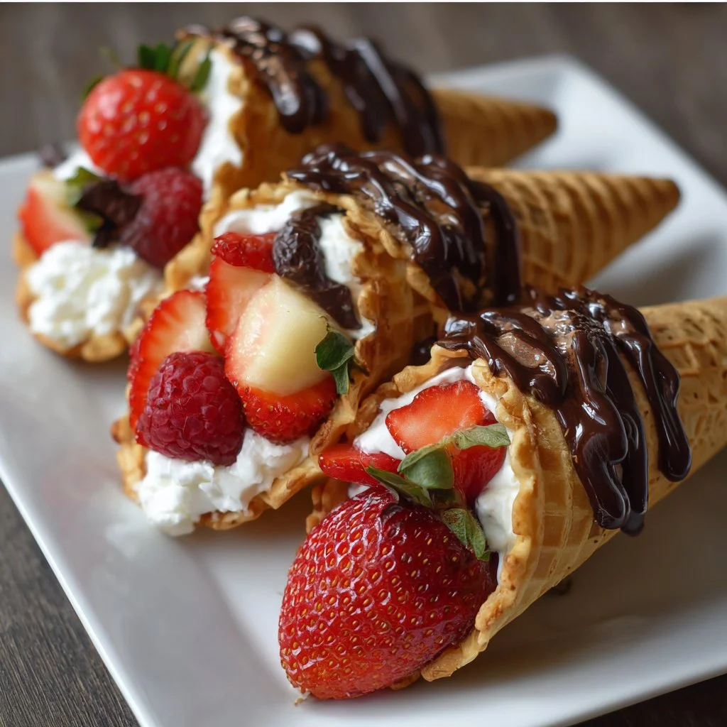 Delicious fruit filled cones with chocolate dip ready to enjoy