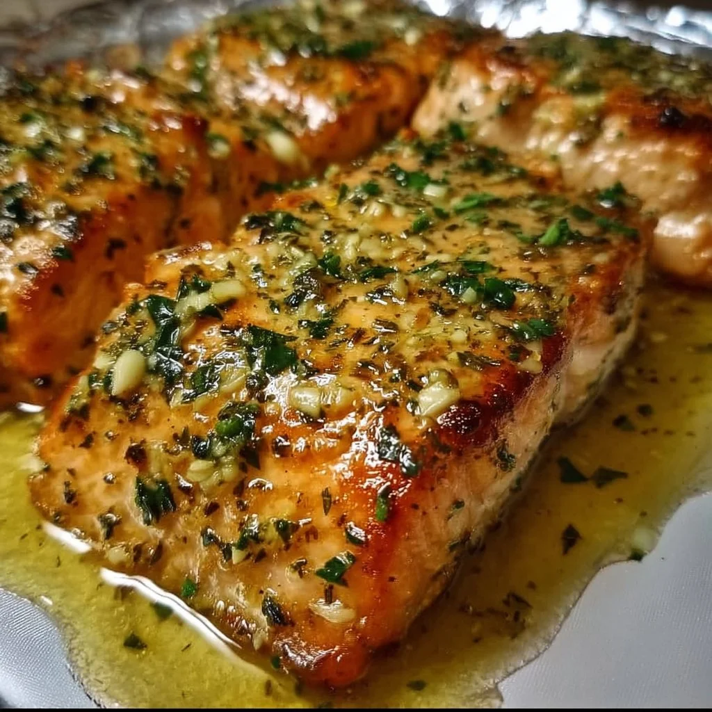 Garlic Butter Baked Salmon served with lemon and herbs on a plate