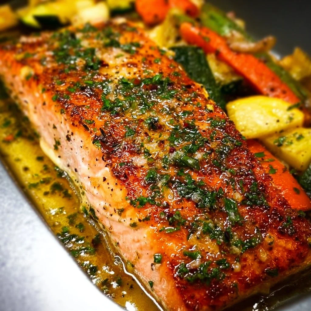 Delicious Garlic Butter Baked Salmon served with roasted vegetables