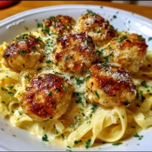 Delicious garlic butter chicken balls served with creamy parmesan pasta