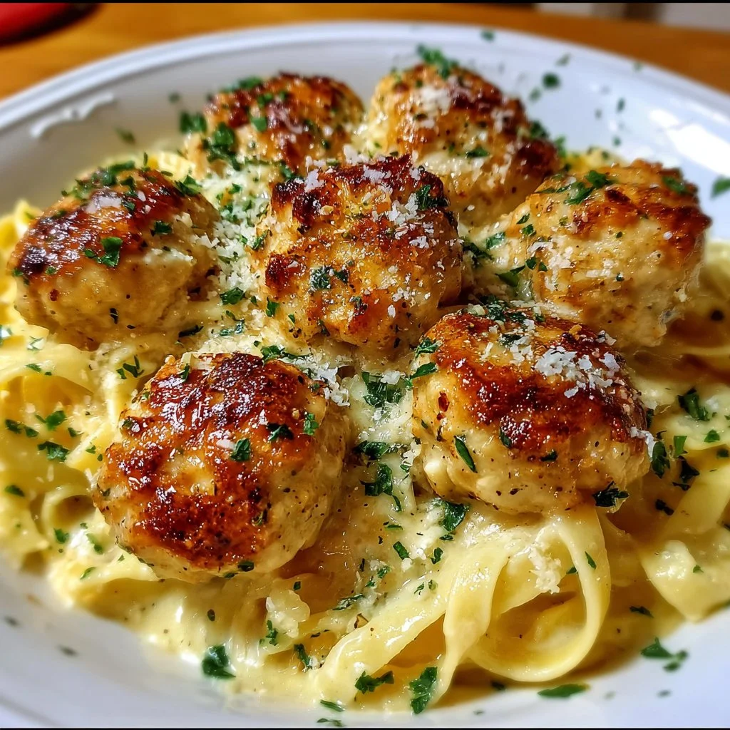 Delicious garlic butter chicken balls served with creamy parmesan pasta