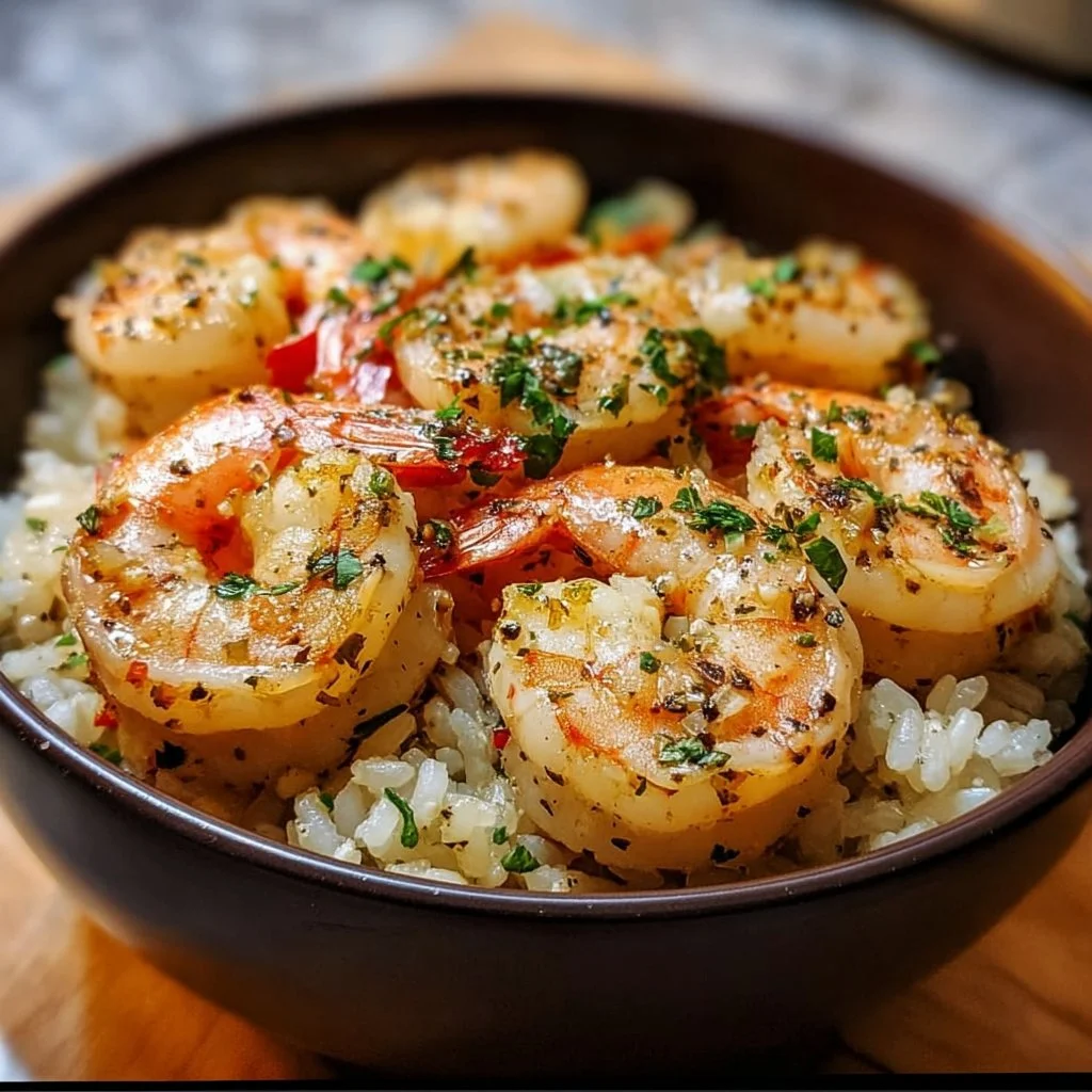 Delicious Garlic Parmesan Shrimp Rice Bowls with fresh ingredients