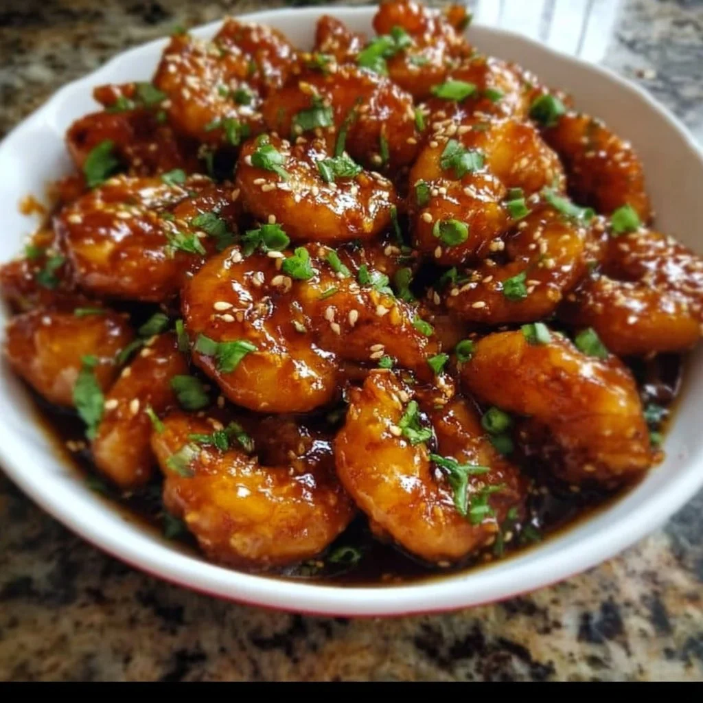 Plate of General Tso Shrimp with vegetables and sauce