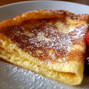 Fluffy German pancakes topped with fresh fruit and syrup on a plate