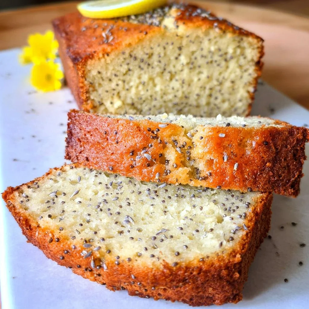 Gluten-free vegan lemon poppy seed bread slice on a wooden board