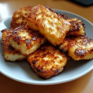 Delicious golden air-fried halloumi served on a plate with herbs.
