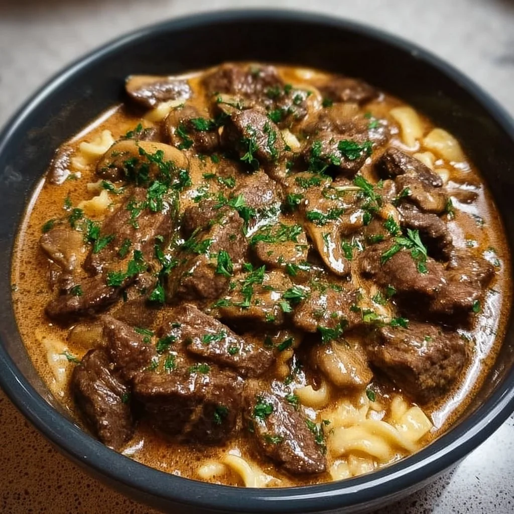 Gordon Ramsay's Beef Stroganoff plated with creamy sauce and fresh herbs