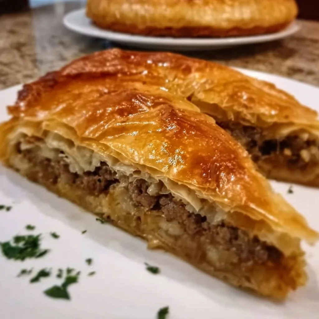 Greek Phyllo Meat Pie (Kimadopita) with golden flaky crust and tasty filling