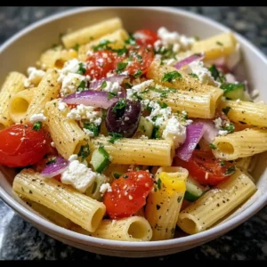 Bowl of Greek Rigatoni Pasta Salad with fresh vegetables and feta cheese