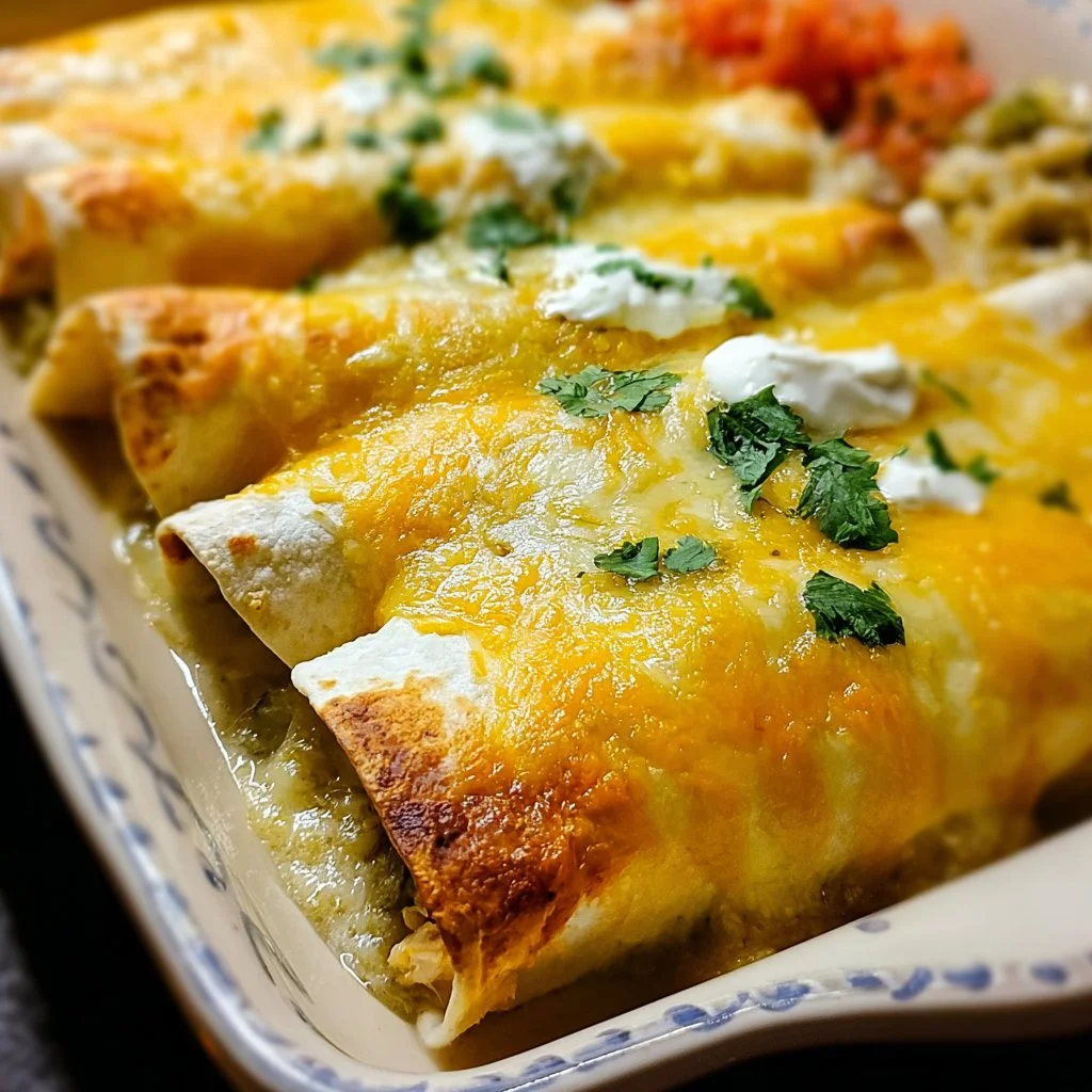 Delicious Green Chile and Cheese Chicken Enchiladas plated with toppings