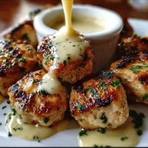 Grilled chicken bites served with creamy garlic sauce on a plate