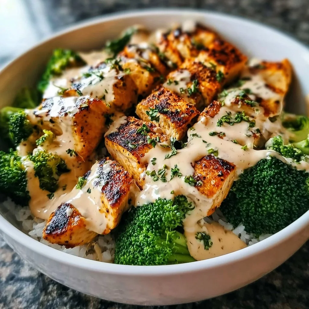 Grilled chicken and broccoli bowl with creamy garlic sauce on a plate