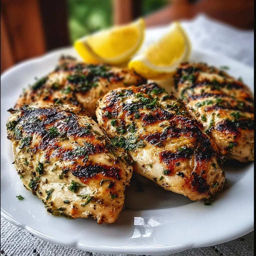 Juicy grilled Greek chicken with lemon and herbs served on a plate.