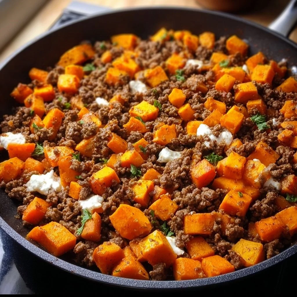 Ground Beef and Sweet Potatoes Skillet served in a cast iron pan