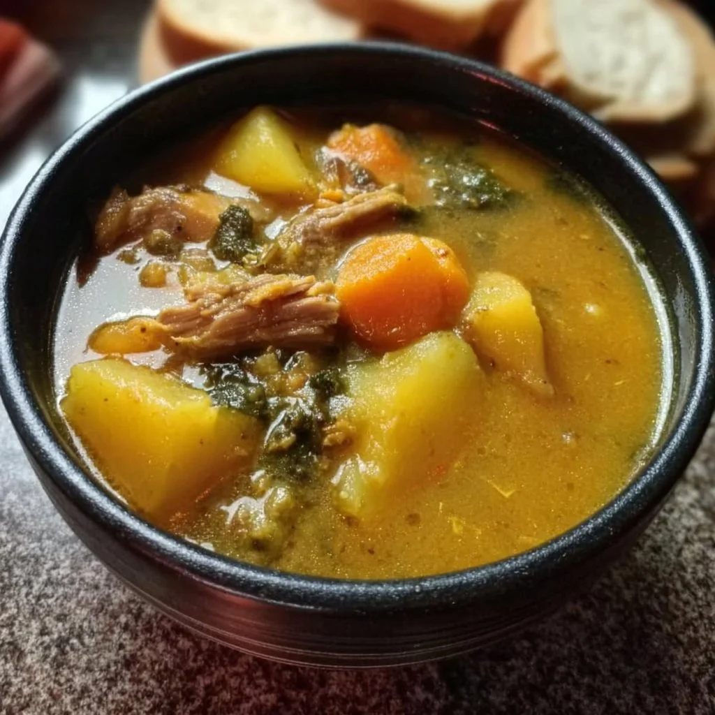 A bowl of authentic Haitian Pumpkin Soup garnished with fresh herbs