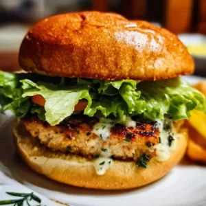 Healthy chicken burgers with Caesar dressing on a plate.