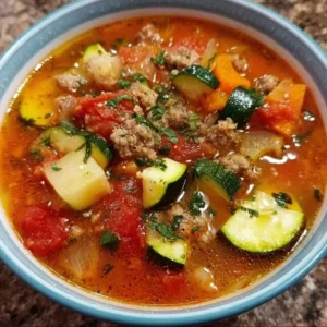 Healthy zucchini tomato soup with Italian beef sausage and fresh vegetables