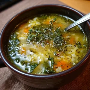 Bowl of hearty Sardinian herb soup garnished with fresh herbs and vegetables.