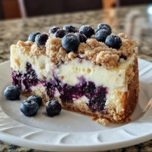Heavenly blueberry cream cheese crumb cake with a crispy crumb topping