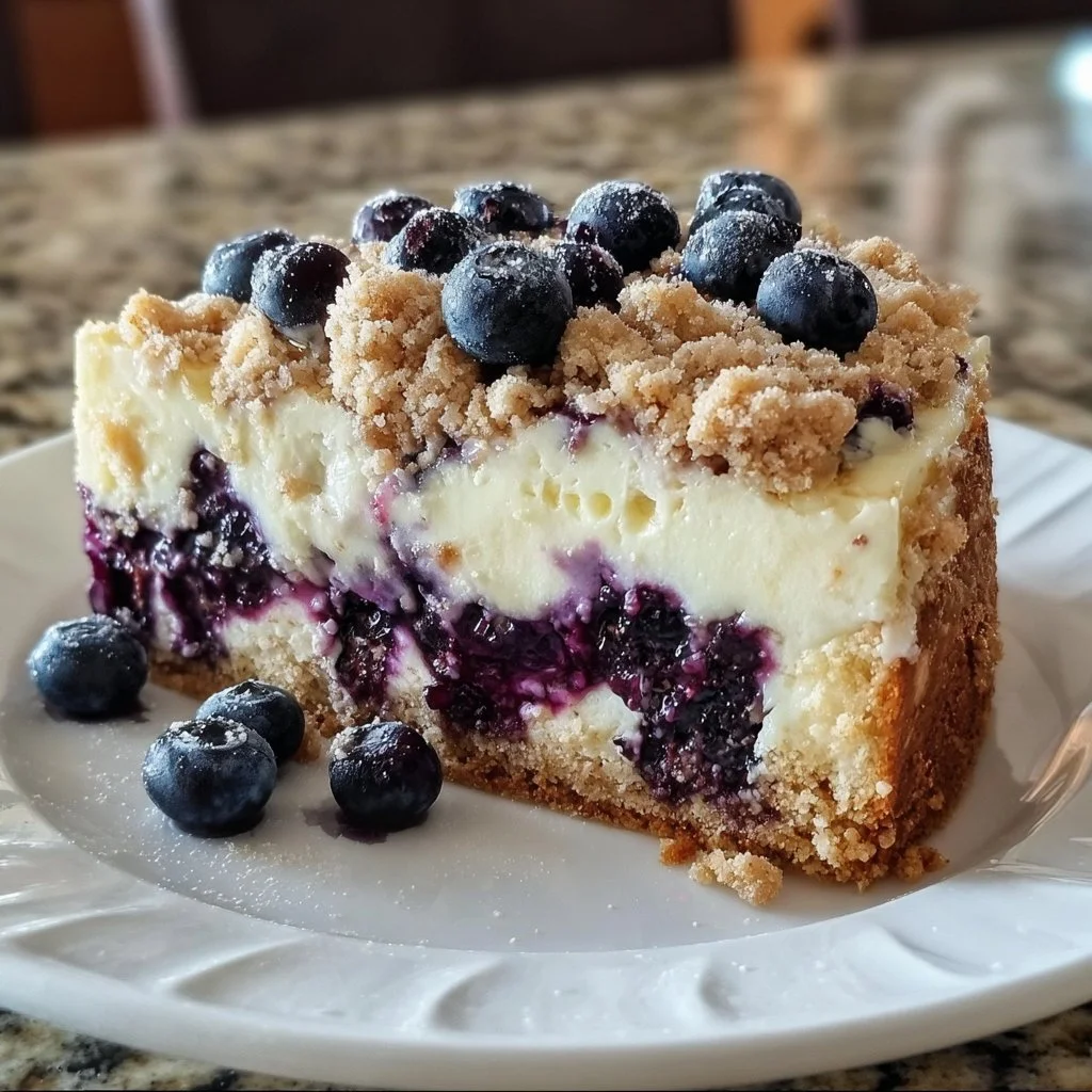 Heavenly blueberry cream cheese crumb cake with a crispy crumb topping