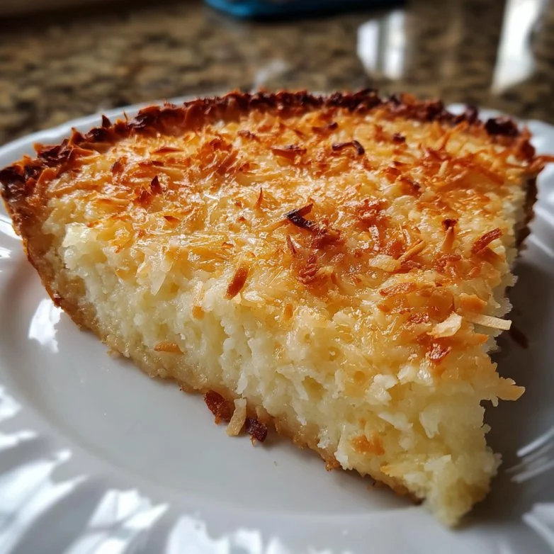 Heavenly crustless coconut pie with coconut flakes and creamy texture