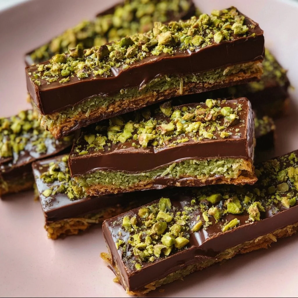 Homemade chocolate bars with pistachio and kataifi served on a plate