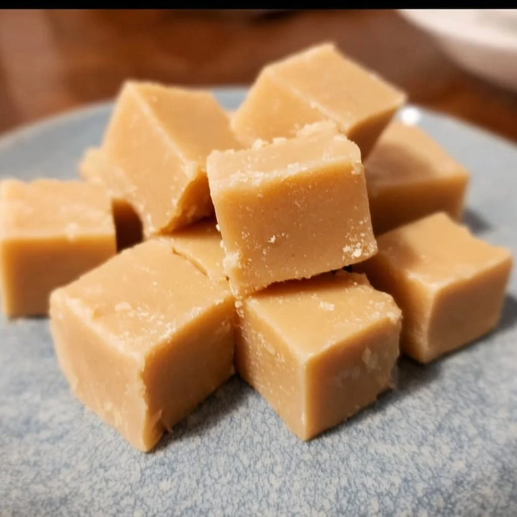 Delicious homemade vanilla fudge on a white plate