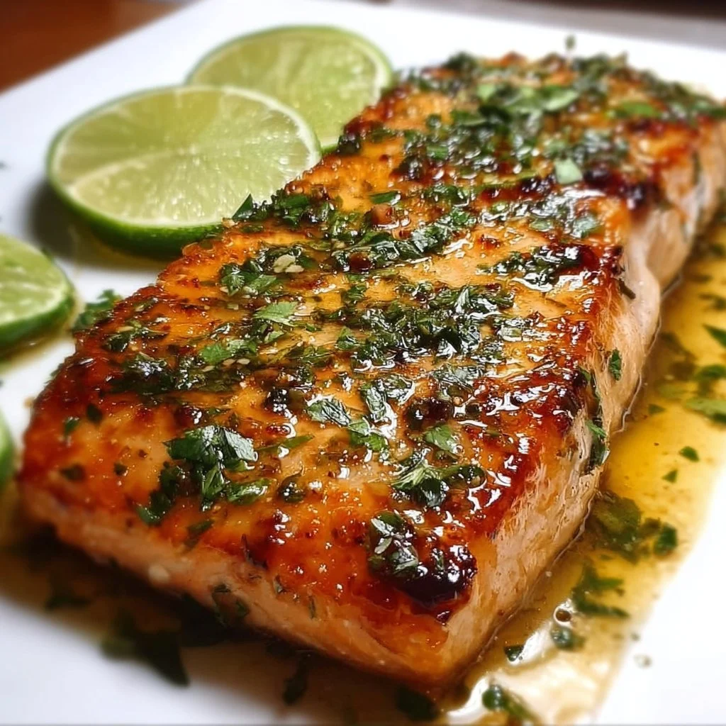 Honey Cilantro Lime Salmon with fresh cilantro and lime garnish
