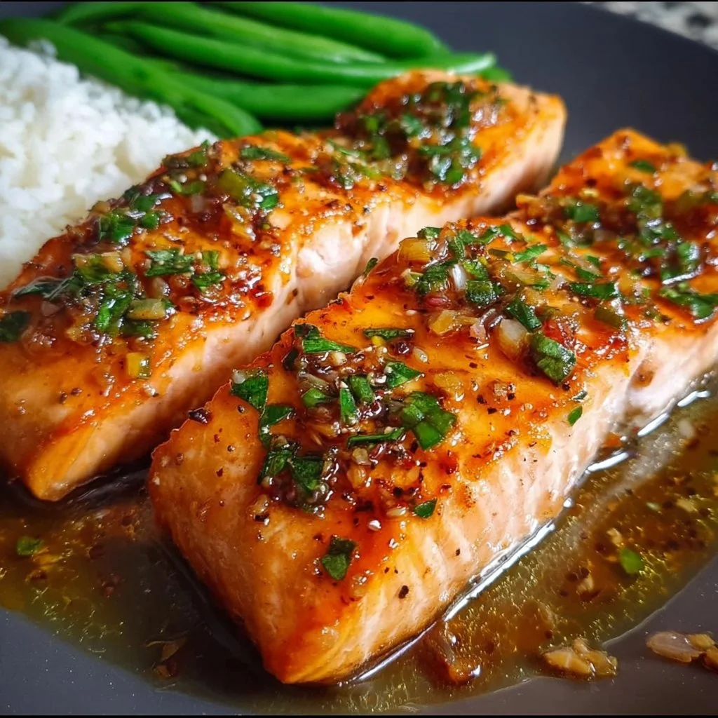 Delicious honey garlic salmon garnished with a sprinkle of herbs